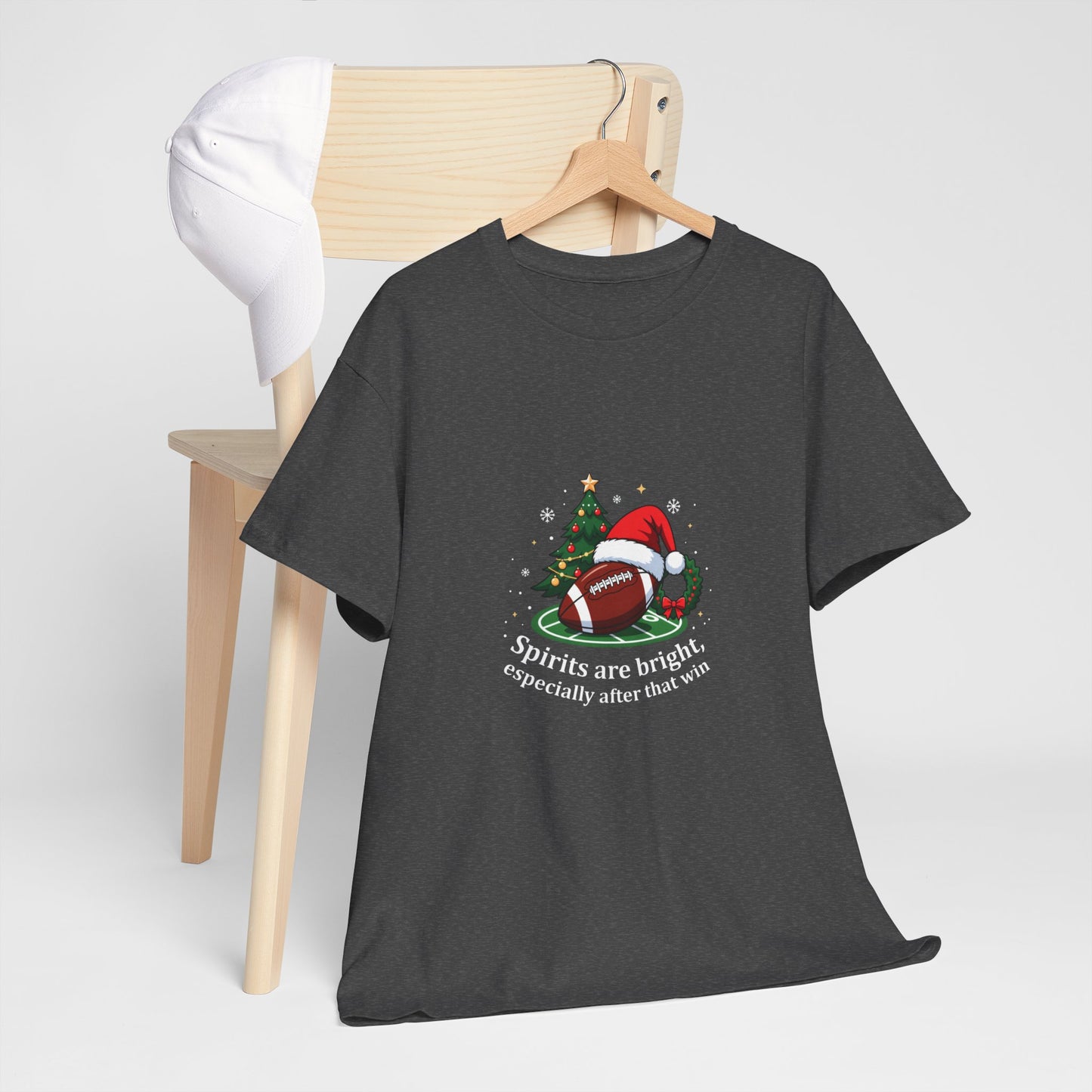 Christmas Football T-Shirt — "Spirits are bright, especially after that win" Holiday Tee