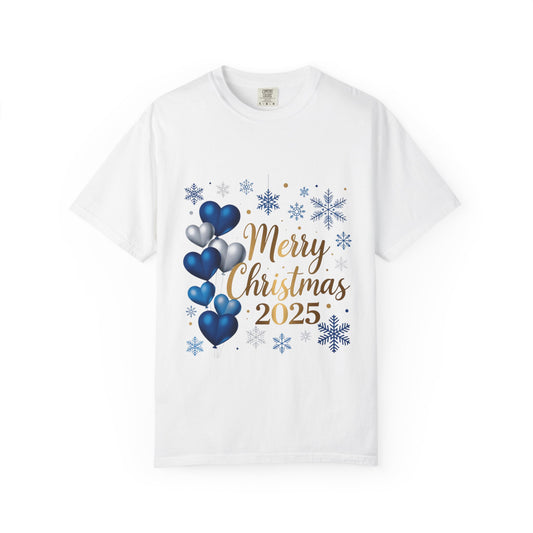 Christmas 2025 T-Shirt – "Merry Christmas 2025" Blue Heart Snowflake Holiday Tee