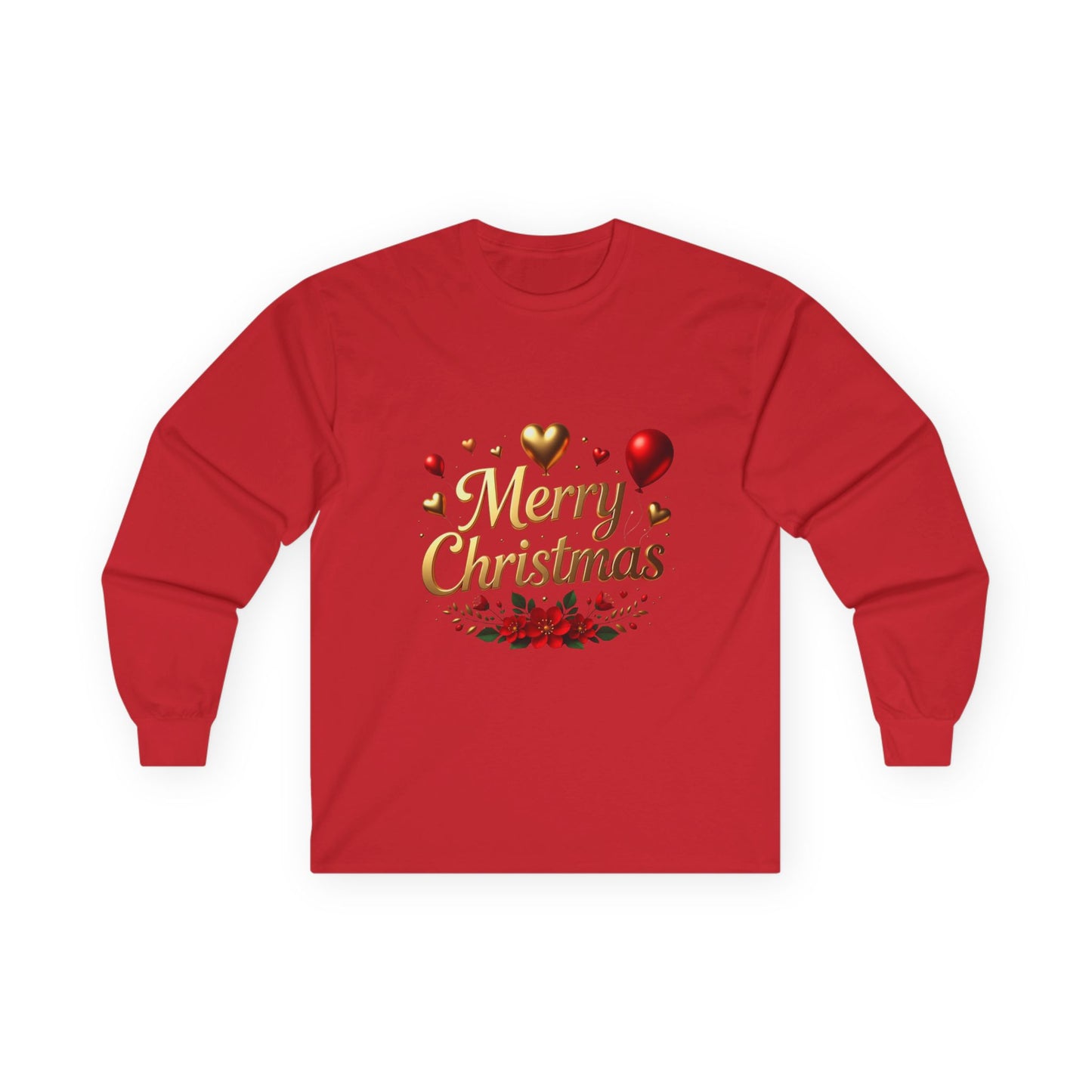Merry Christmas Long Sleeve Tee — Festive Gold Script & Poinsettia Design