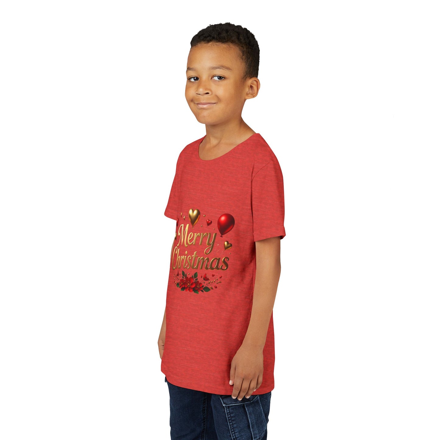 Youth Tee — Merry Christmas Gold Script with Hearts & Poinsettia Holiday Design