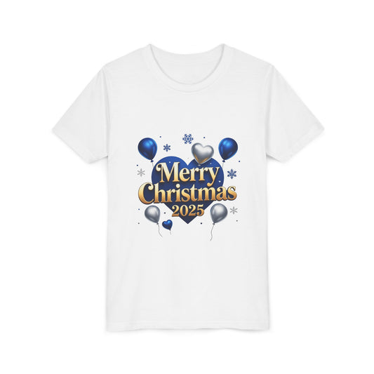 Youth Tee — Merry Christmas 2025 Blue Heart Balloon Design
