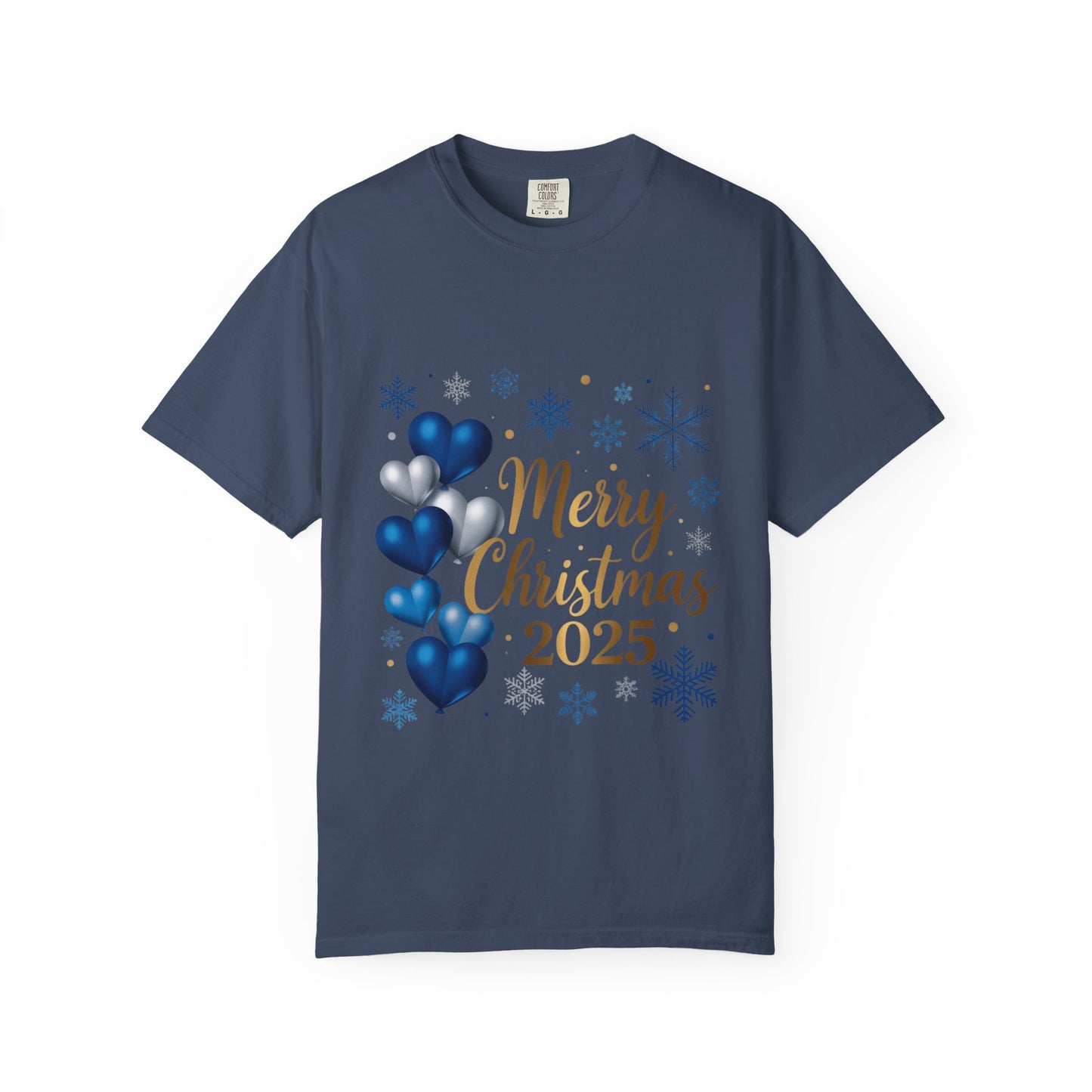 Christmas 2025 T-Shirt – "Merry Christmas 2025" Blue Heart Snowflake Holiday Tee