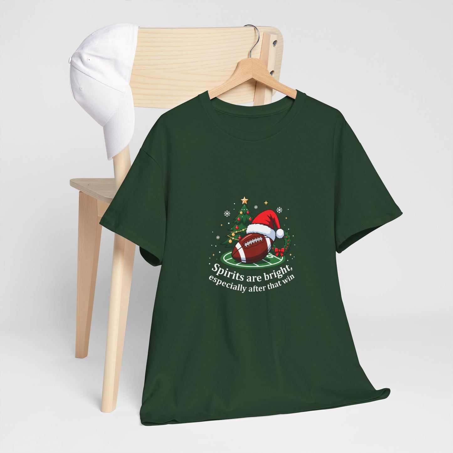 Christmas Football T-Shirt — "Spirits are bright, especially after that win" Holiday Tee