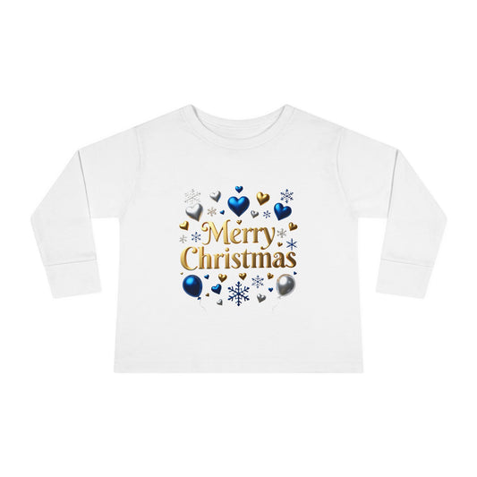 Toddler Long Sleeve Tee — "Merry Christmas" Gold & Blue Ornament Holiday Shirt