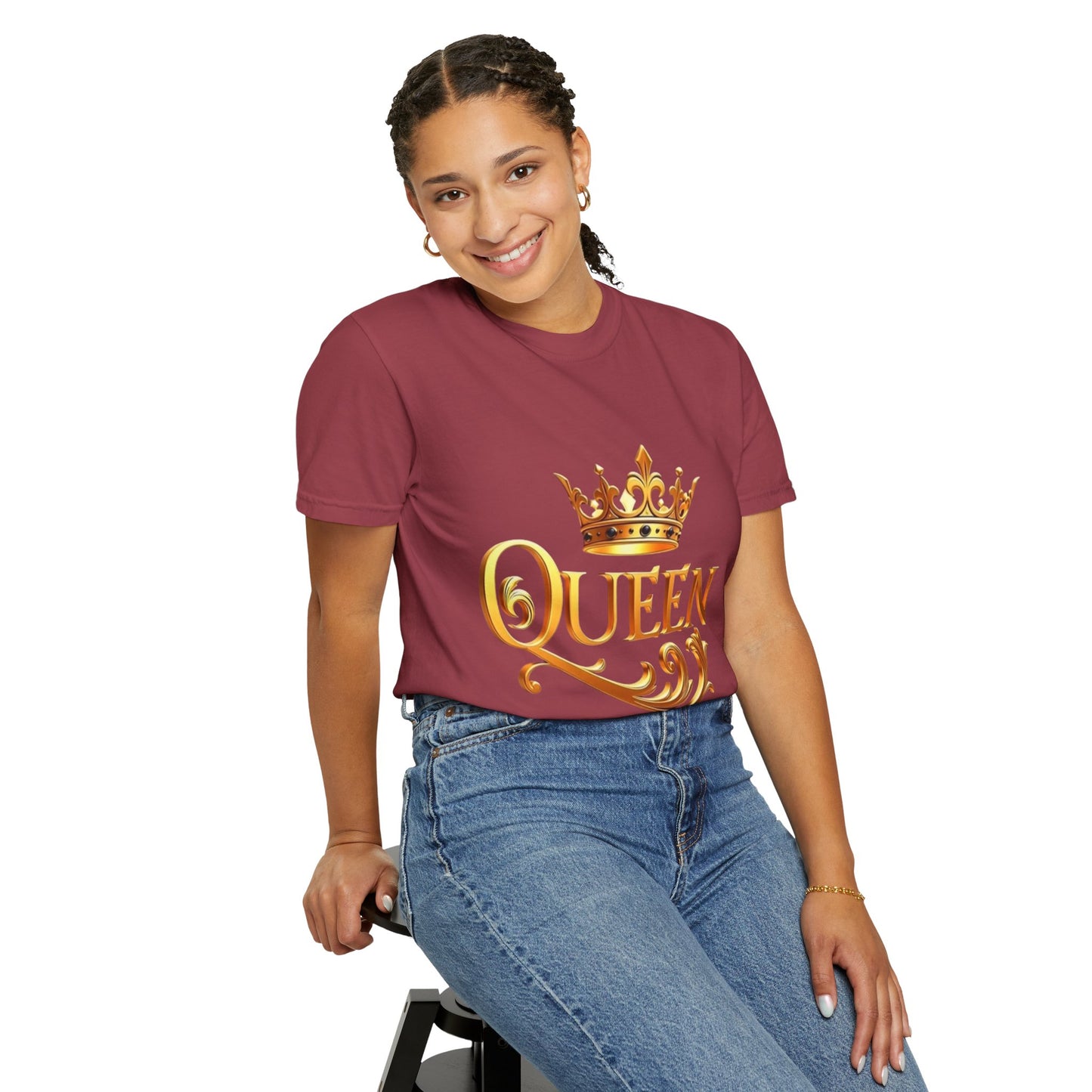 Queen Crown T-Shirt — Regal Gold Typography Tee for Her