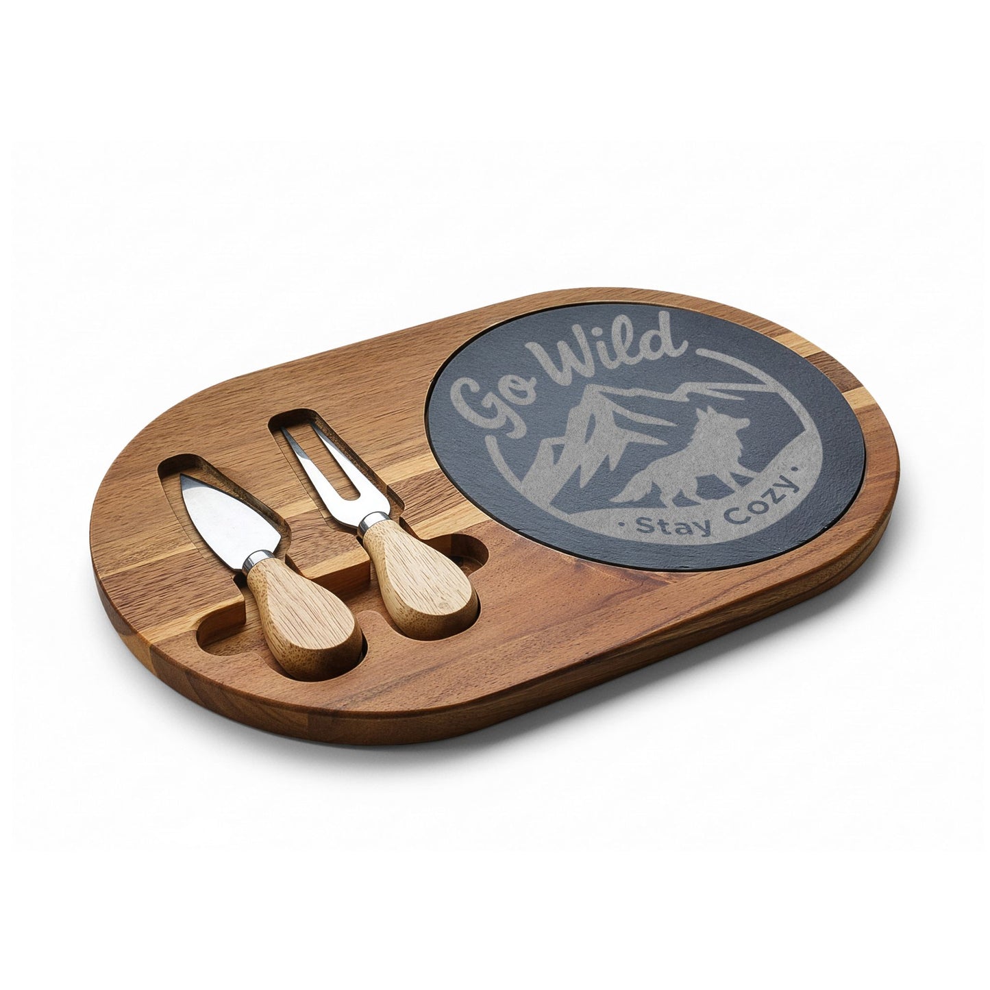 Go Wild Engraved Bamboo Charcuterie Board with Slate Inlay — 'Stay Cozy' Cheese Serving Set