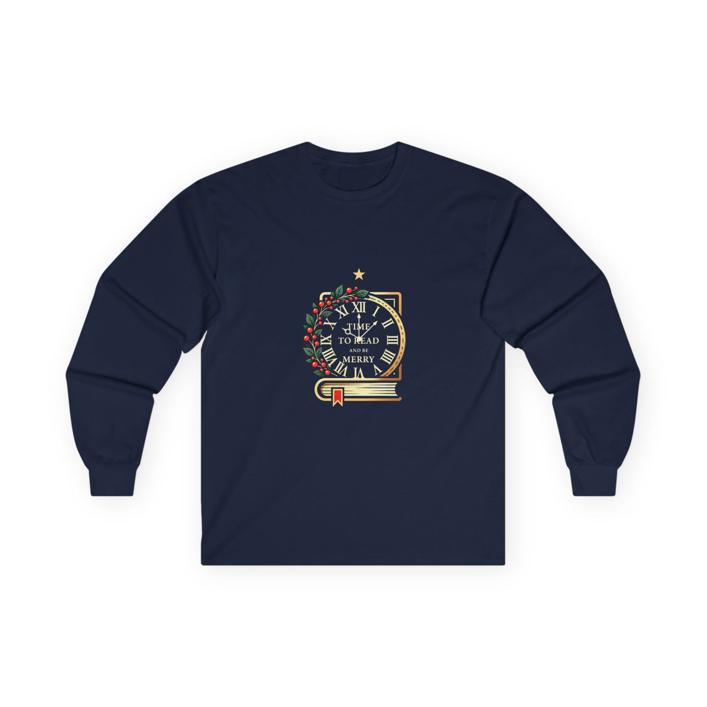 Christmas Clock & Wreath Long Sleeve Tee — "Time to Read Merry" Holiday Shirt