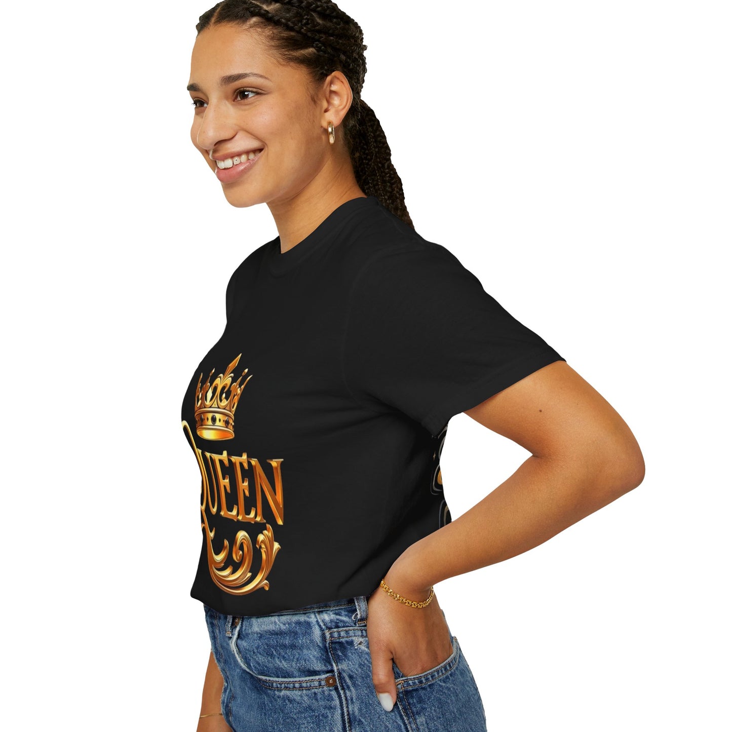 Queen Crown T-Shirt — Regal Gold Typography Tee for Her