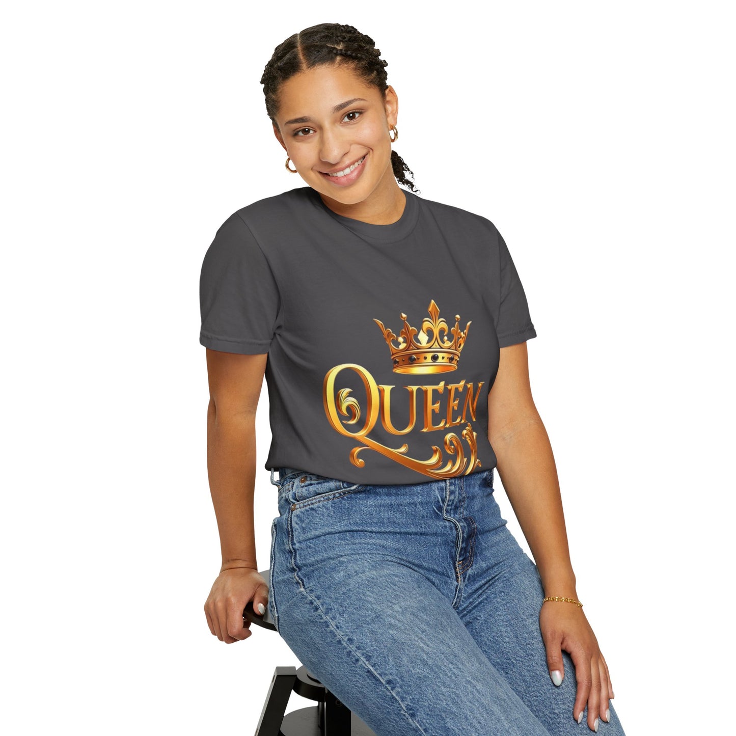 Queen Crown T-Shirt — Regal Gold Typography Tee for Her
