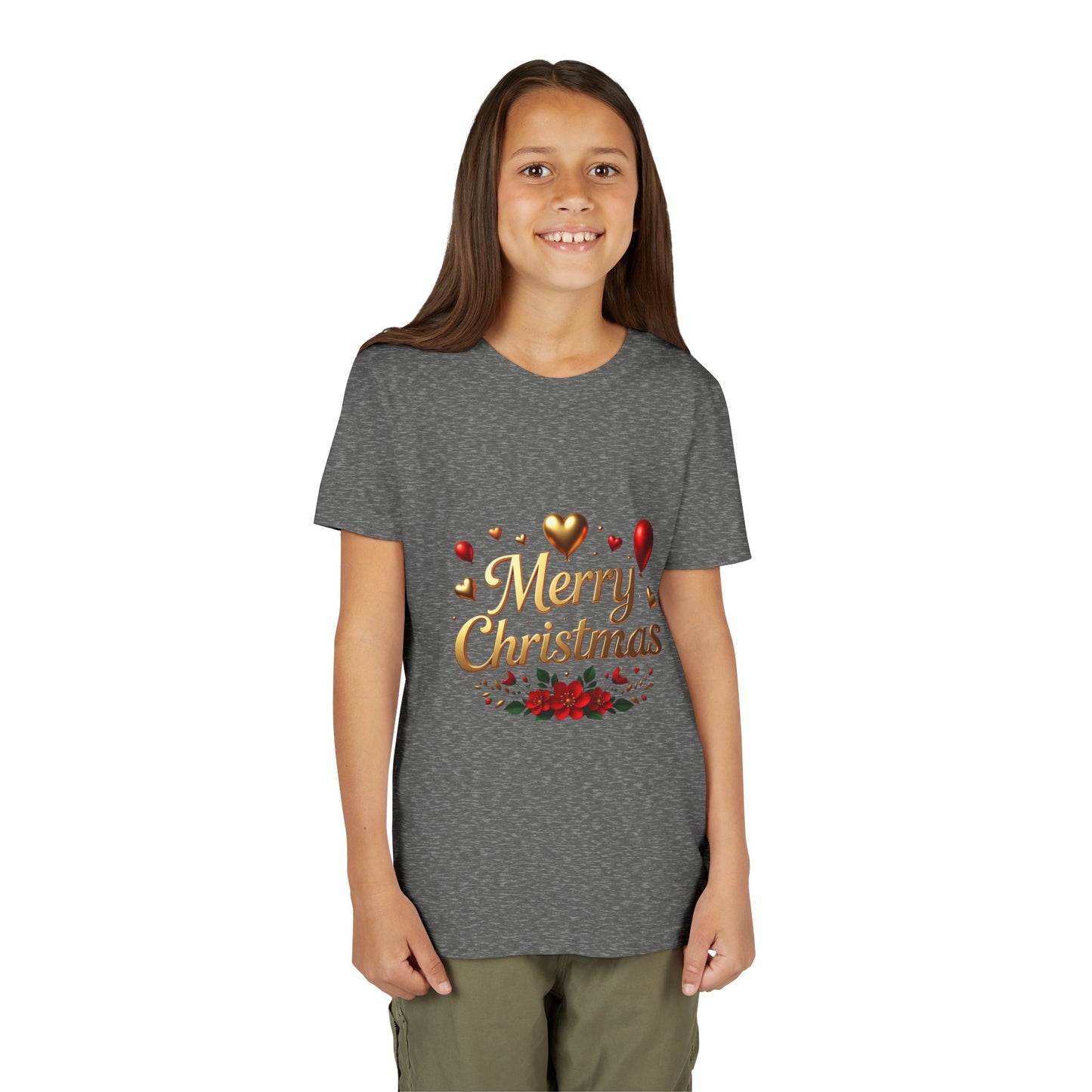 Youth Tee — Merry Christmas Gold Script with Hearts & Poinsettia Holiday Design