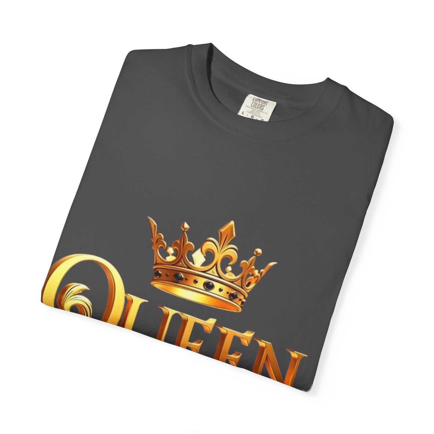 Queen Crown T-Shirt — Regal Gold Typography Tee for Her