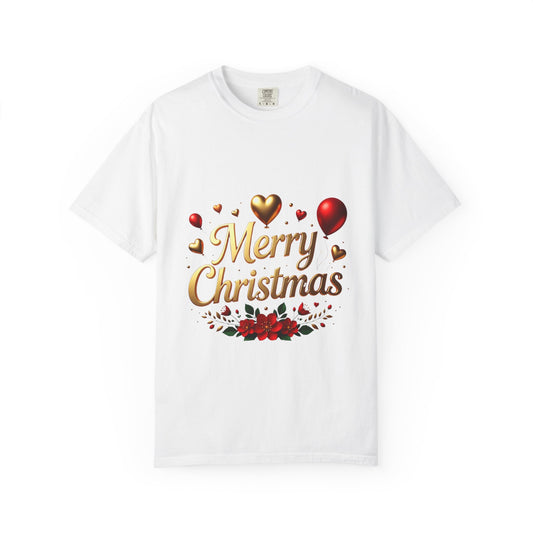 Merry Christmas T-Shirt — Festive Gold Script & Poinsettia Holiday Tee