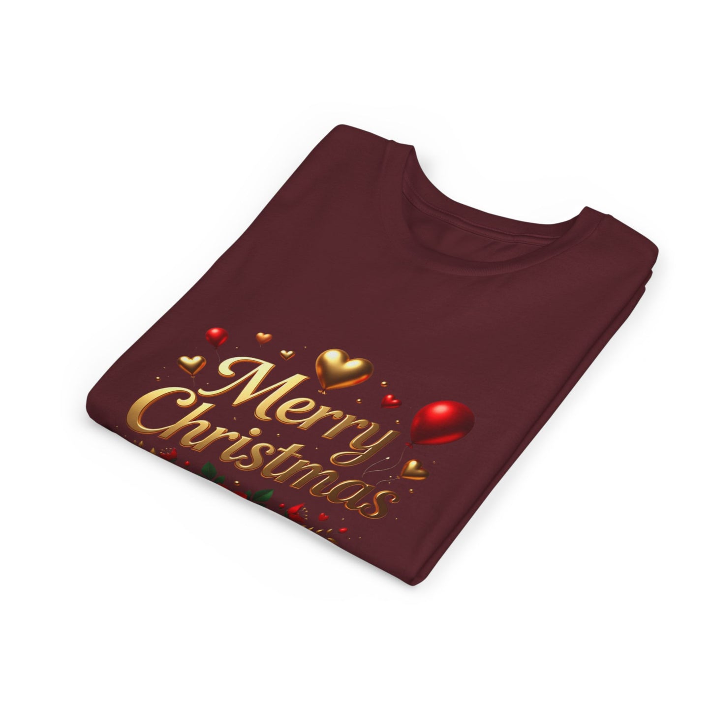 Youth Tee — Merry Christmas Gold Script with Hearts & Poinsettia Holiday Design