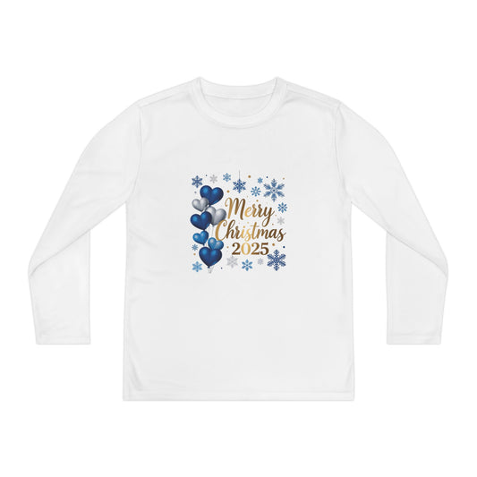 Youth Long Sleeve Tee — "Merry Christmas 2025" Blue Heart Snowflake Design