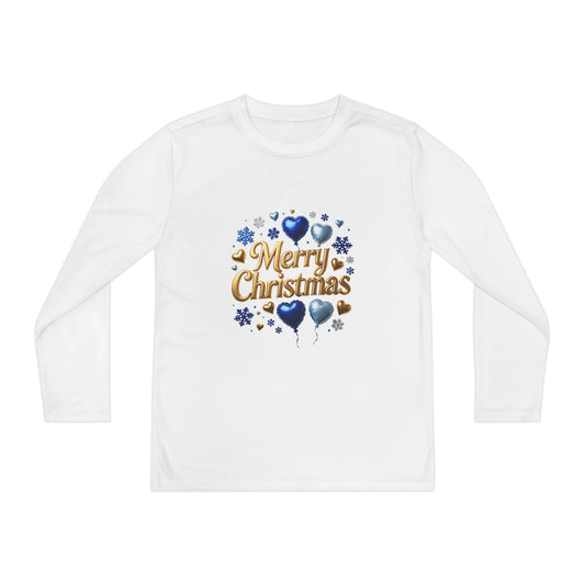 Youth Long Sleeve Tee — "Merry Christmas" Blue Balloon Holiday Shirt