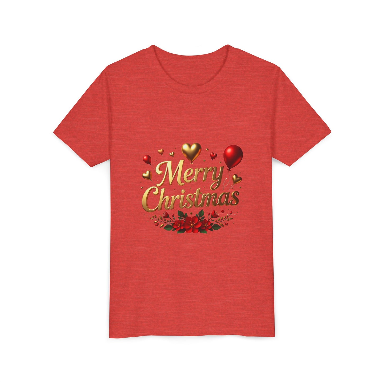 Youth Tee — Merry Christmas Gold Script with Hearts & Poinsettia Holiday Design