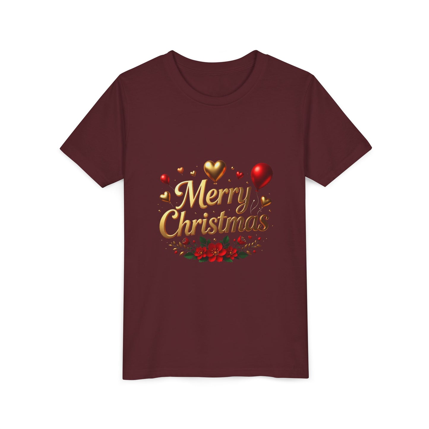 Youth Tee — Merry Christmas Gold Script with Hearts & Poinsettia Holiday Design