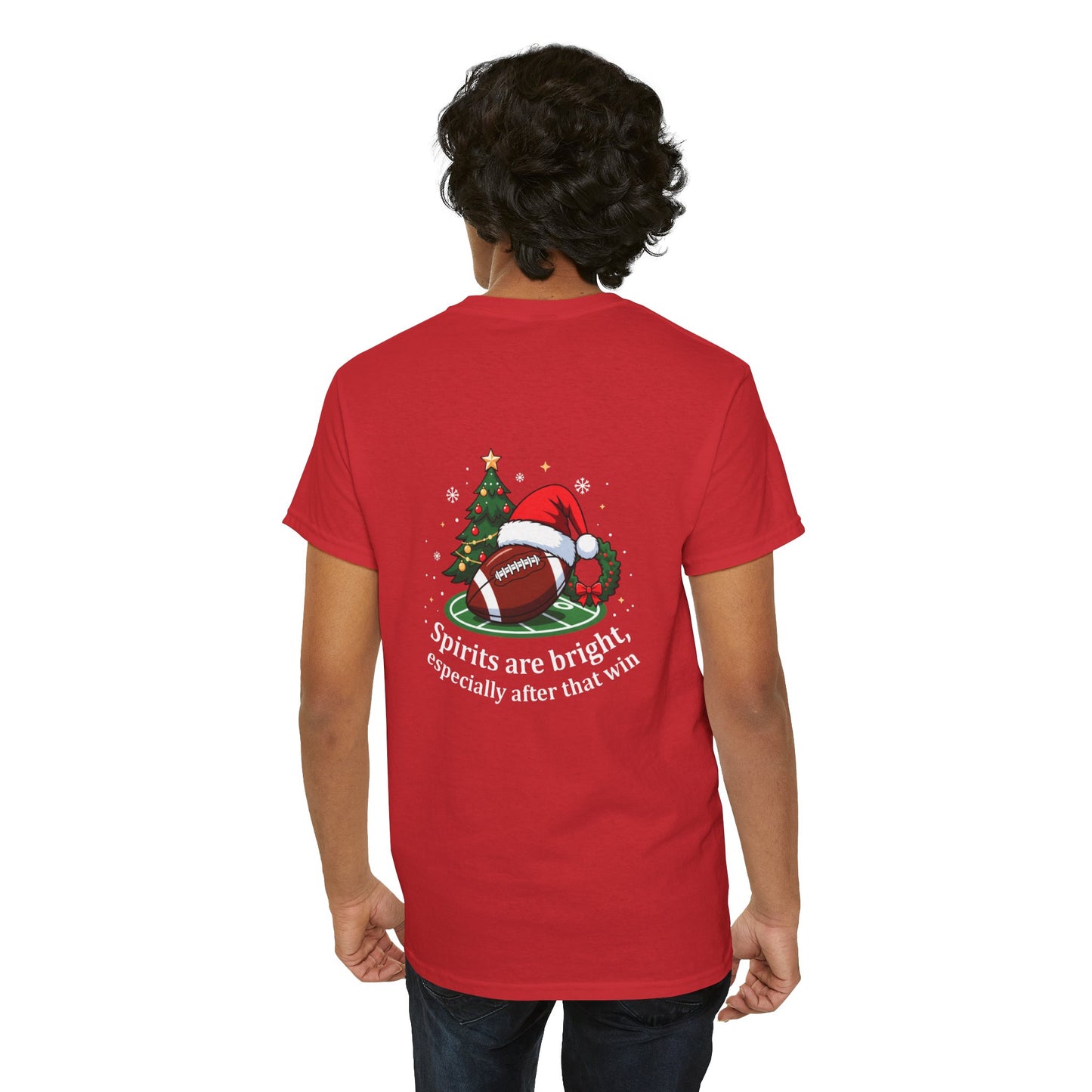 Christmas Football T-Shirt — "Spirits are bright, especially after that win" Holiday Tee