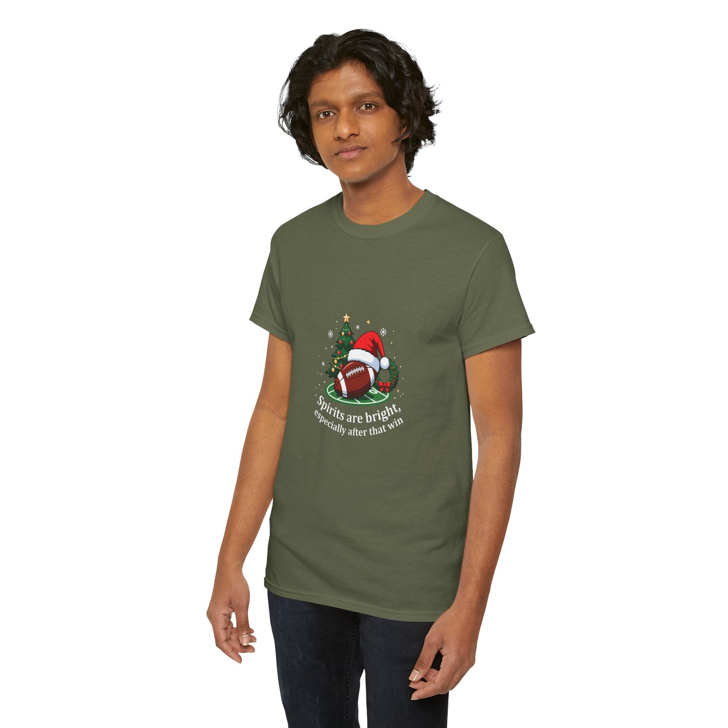 Christmas Football T-Shirt — "Spirits are bright, especially after that win" Holiday Tee