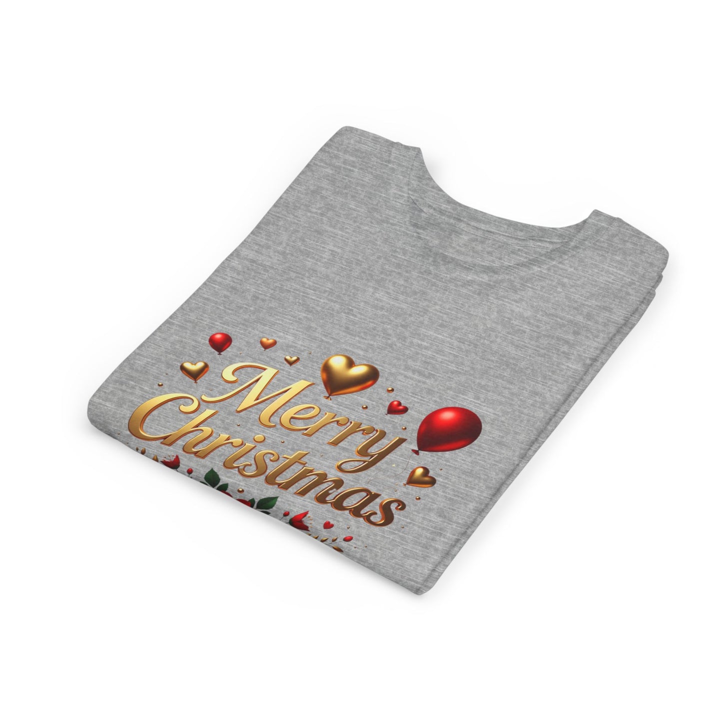 Youth Tee — Merry Christmas Gold Script with Hearts & Poinsettia Holiday Design