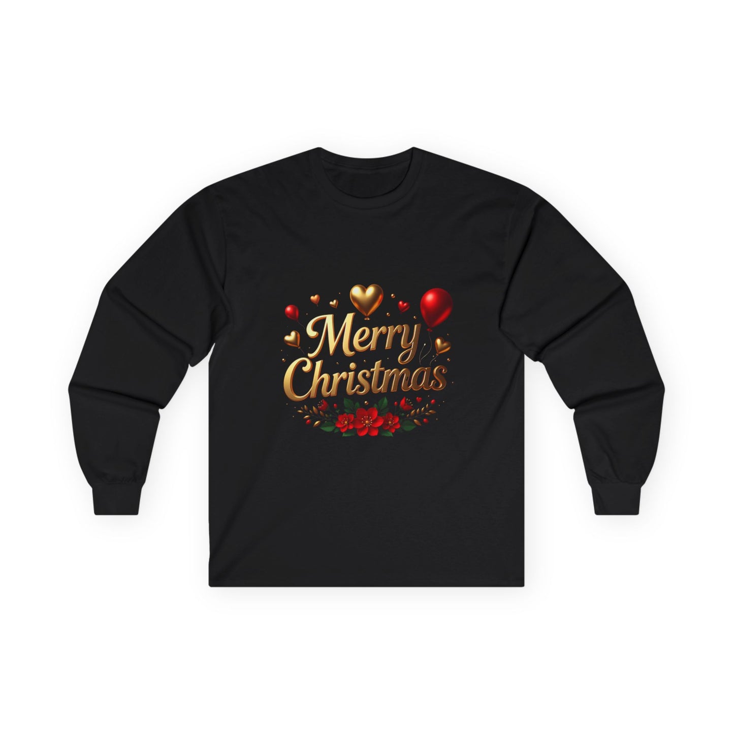Merry Christmas Long Sleeve Tee — Festive Gold Script & Poinsettia Design