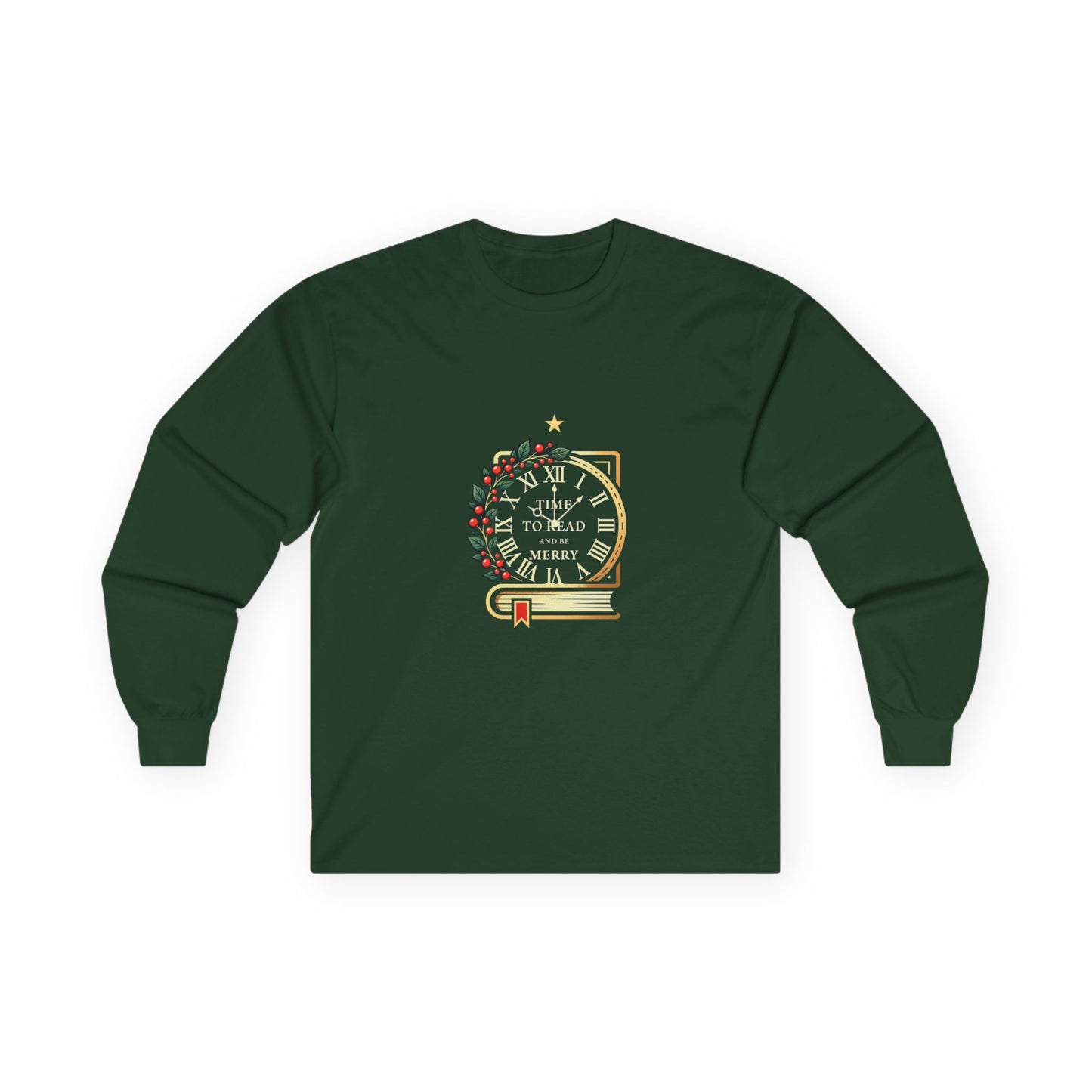 Christmas Clock & Wreath Long Sleeve Tee — "Time to Read Merry" Holiday Shirt