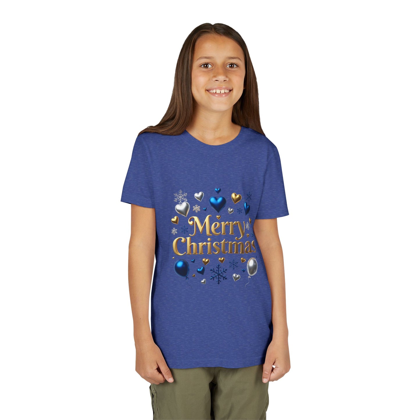 Youth Tee — "Merry Christmas" Gold Script with Blue & Silver Ornaments