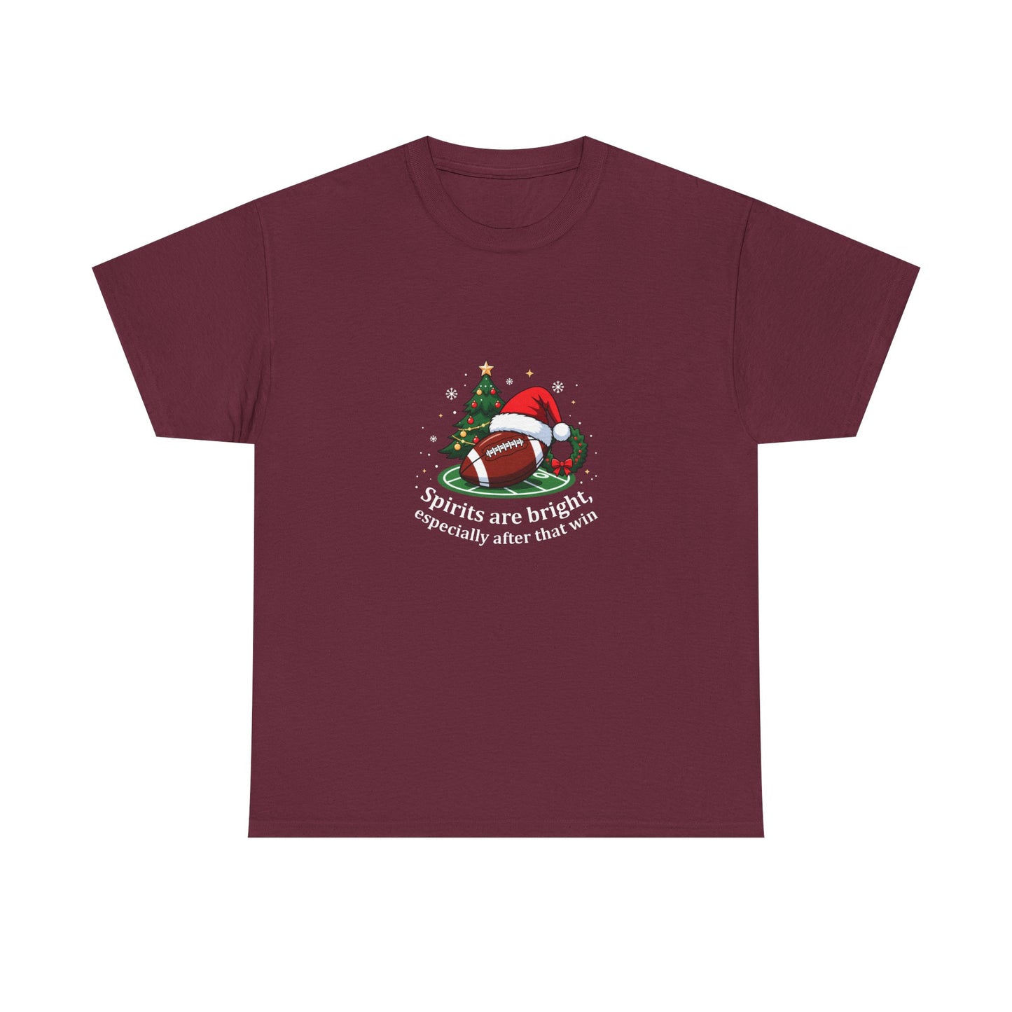 Christmas Football T-Shirt — "Spirits are bright, especially after that win" Holiday Tee