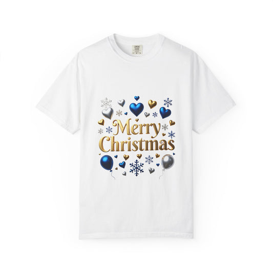 Merry Christmas Holiday T-Shirt — Gold & Blue Ornaments Design