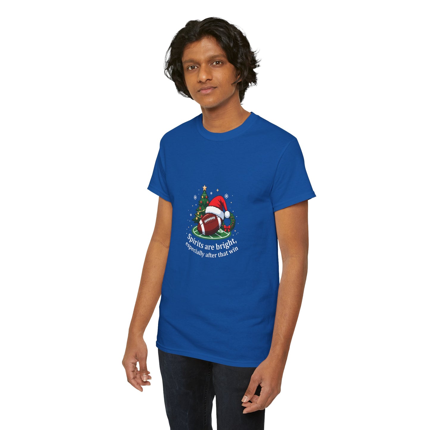 Christmas Football T-Shirt — "Spirits are bright, especially after that win" Holiday Tee