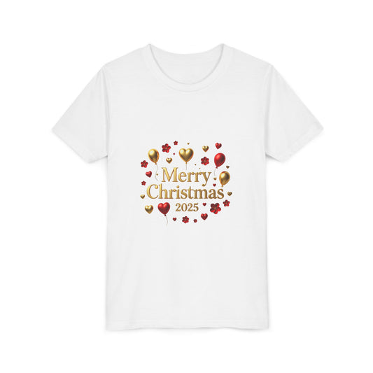 Youth Tee — "Merry Christmas 2025" Gold & Red Holiday Kids T-Shirt