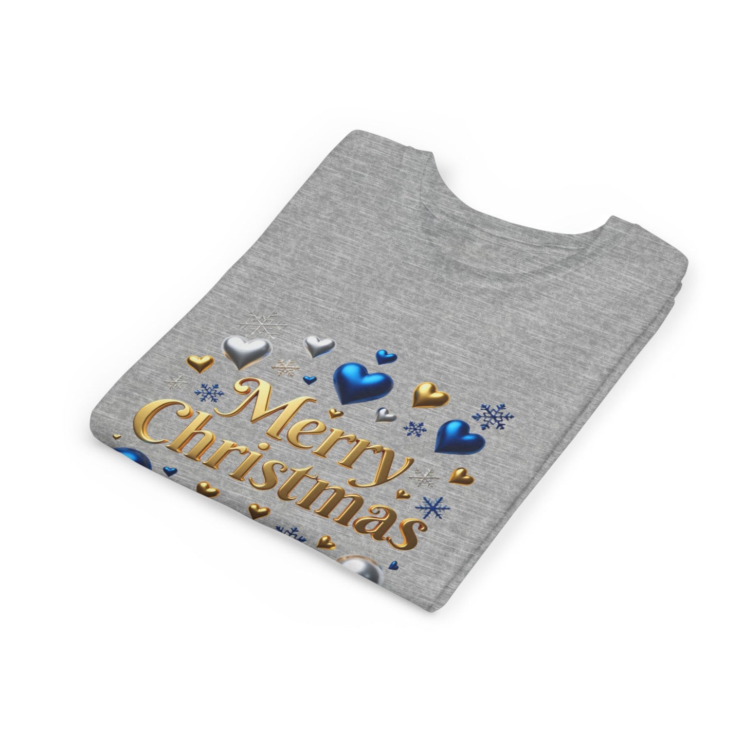 Youth Tee — "Merry Christmas" Gold Script with Blue & Silver Ornaments