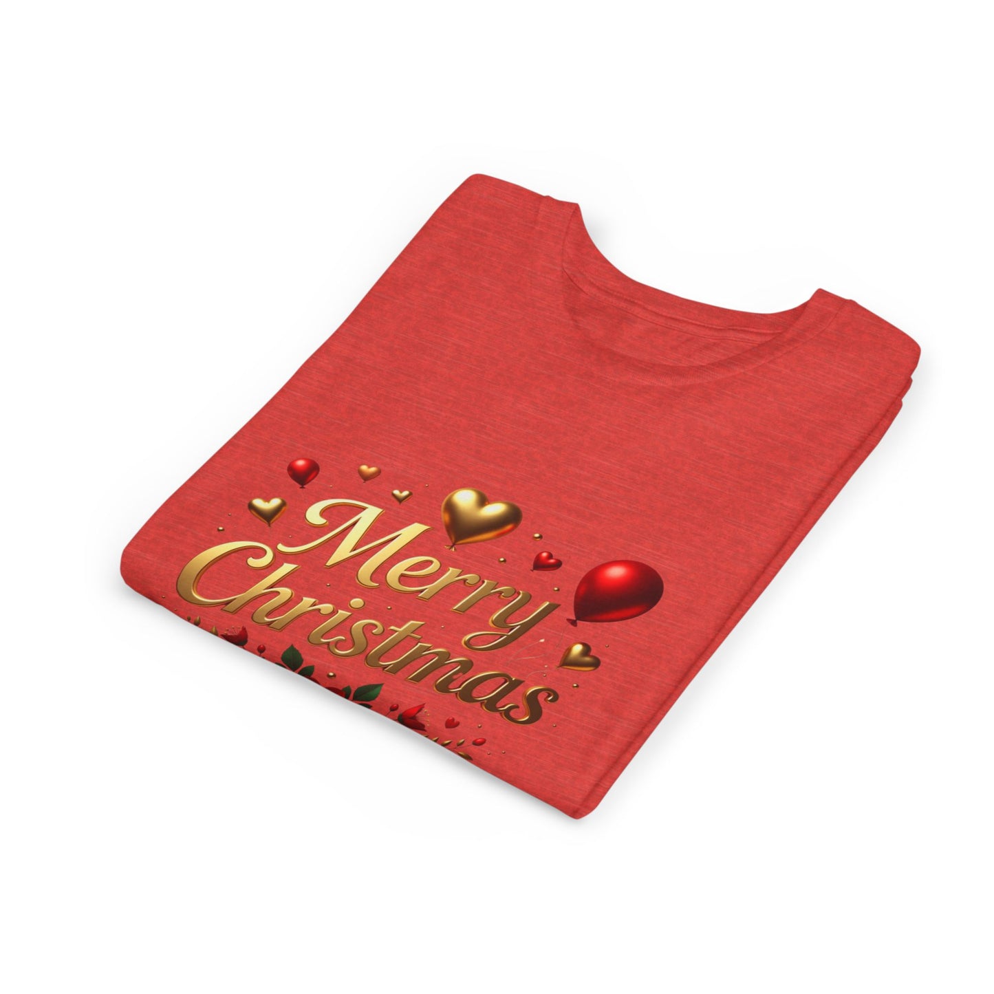 Youth Tee — Merry Christmas Gold Script with Hearts & Poinsettia Holiday Design