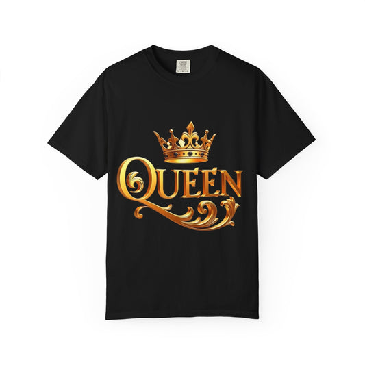 Queen Crown T-Shirt — Regal Gold Typography Tee for Her
