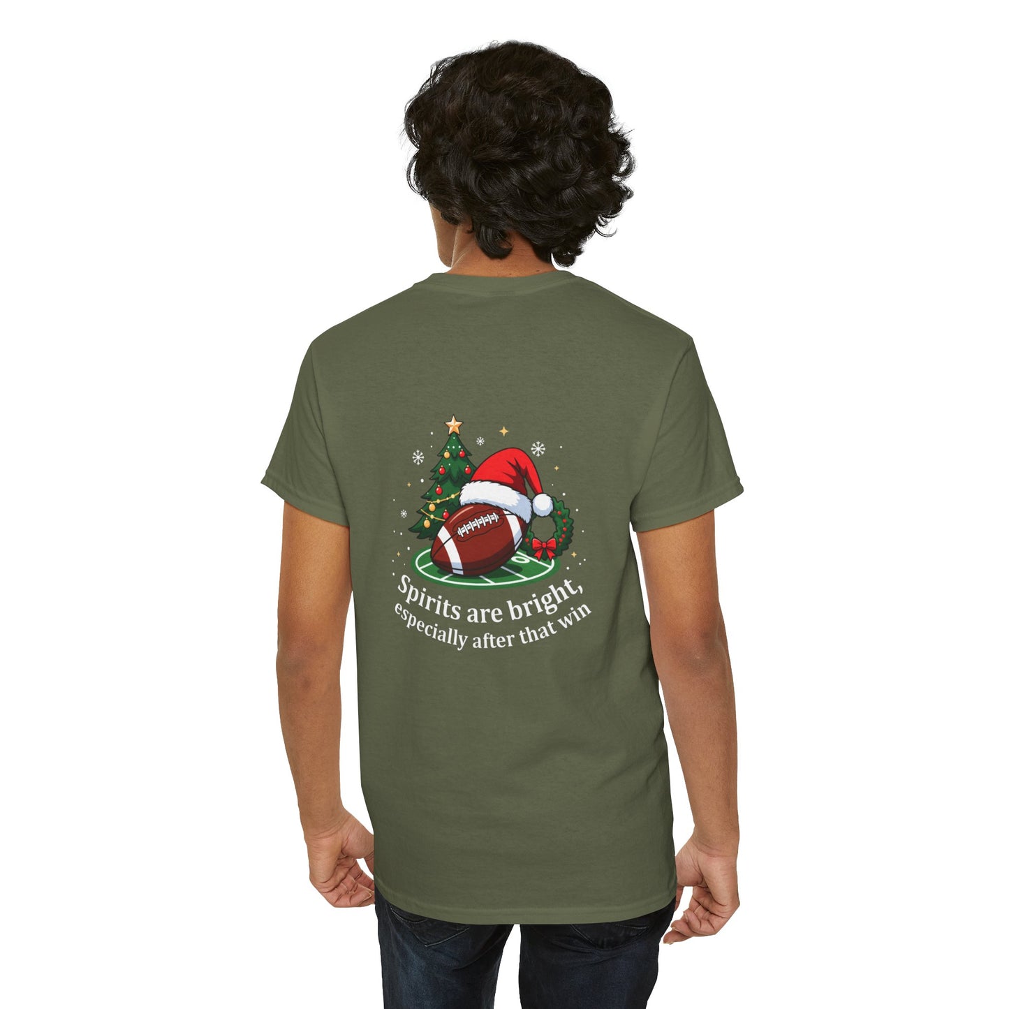 Christmas Football T-Shirt — "Spirits are bright, especially after that win" Holiday Tee