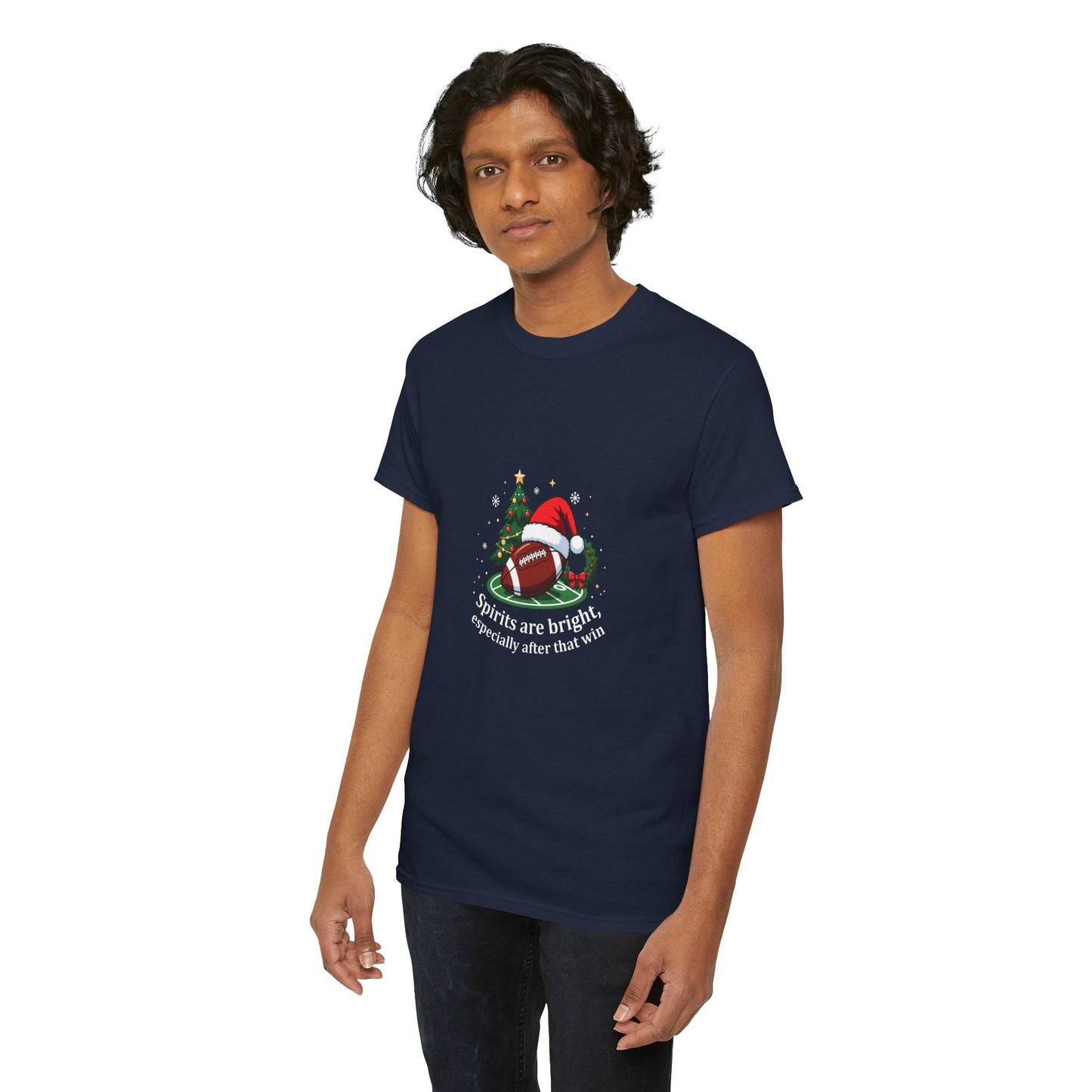 Christmas Football T-Shirt — "Spirits are bright, especially after that win" Holiday Tee