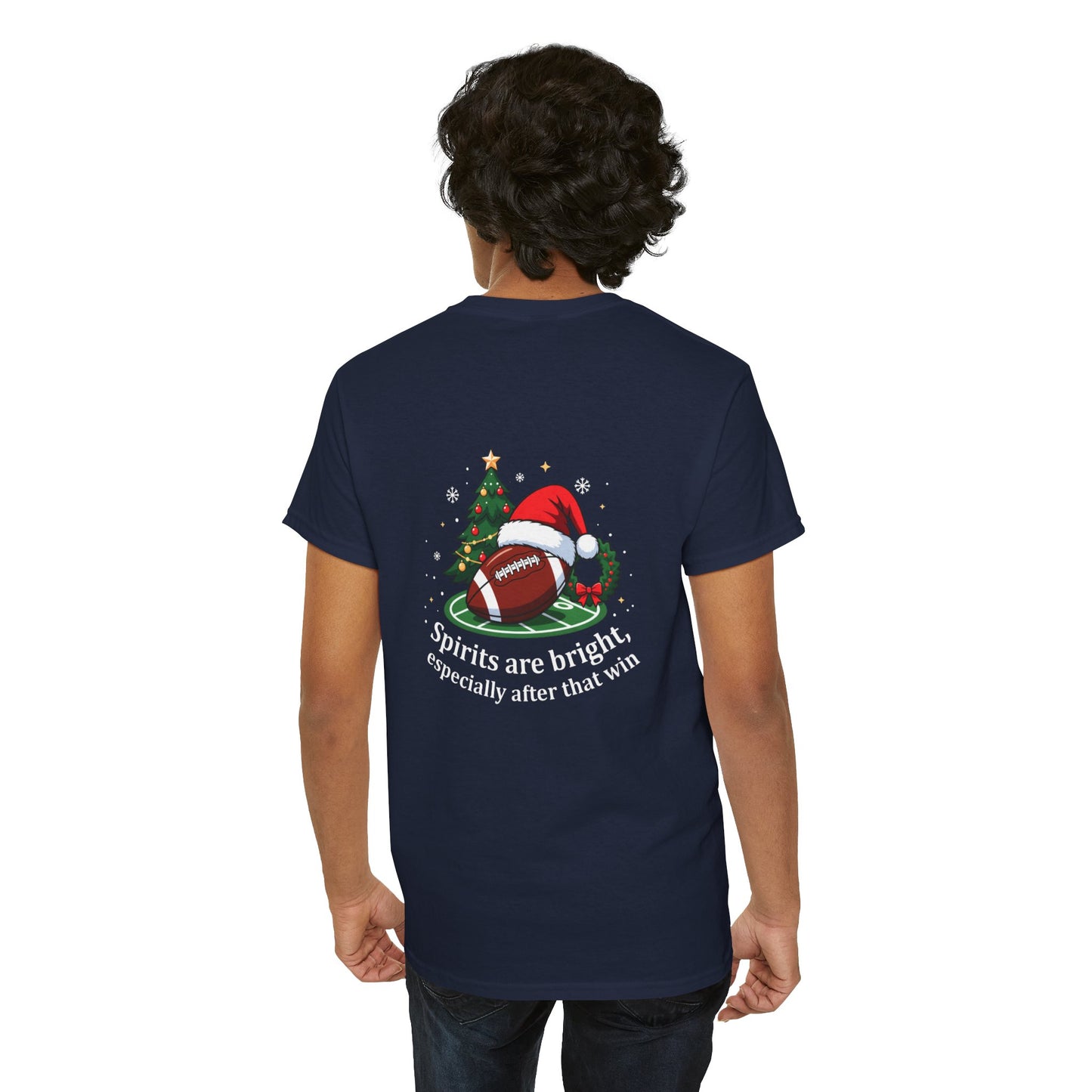 Christmas Football T-Shirt — "Spirits are bright, especially after that win" Holiday Tee