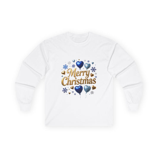 Merry Christmas Long Sleeve Tee — Blue Heart Holiday Shirt