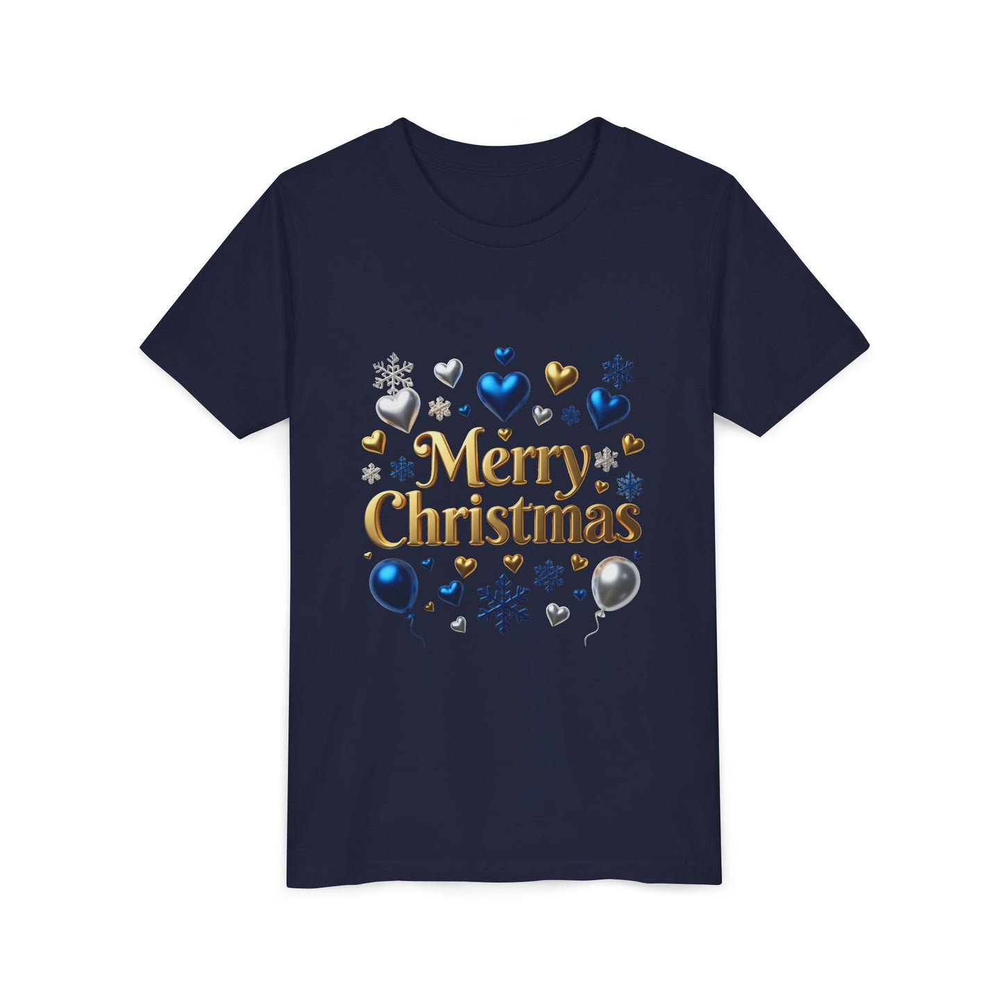 Youth Tee — "Merry Christmas" Gold Script with Blue & Silver Ornaments