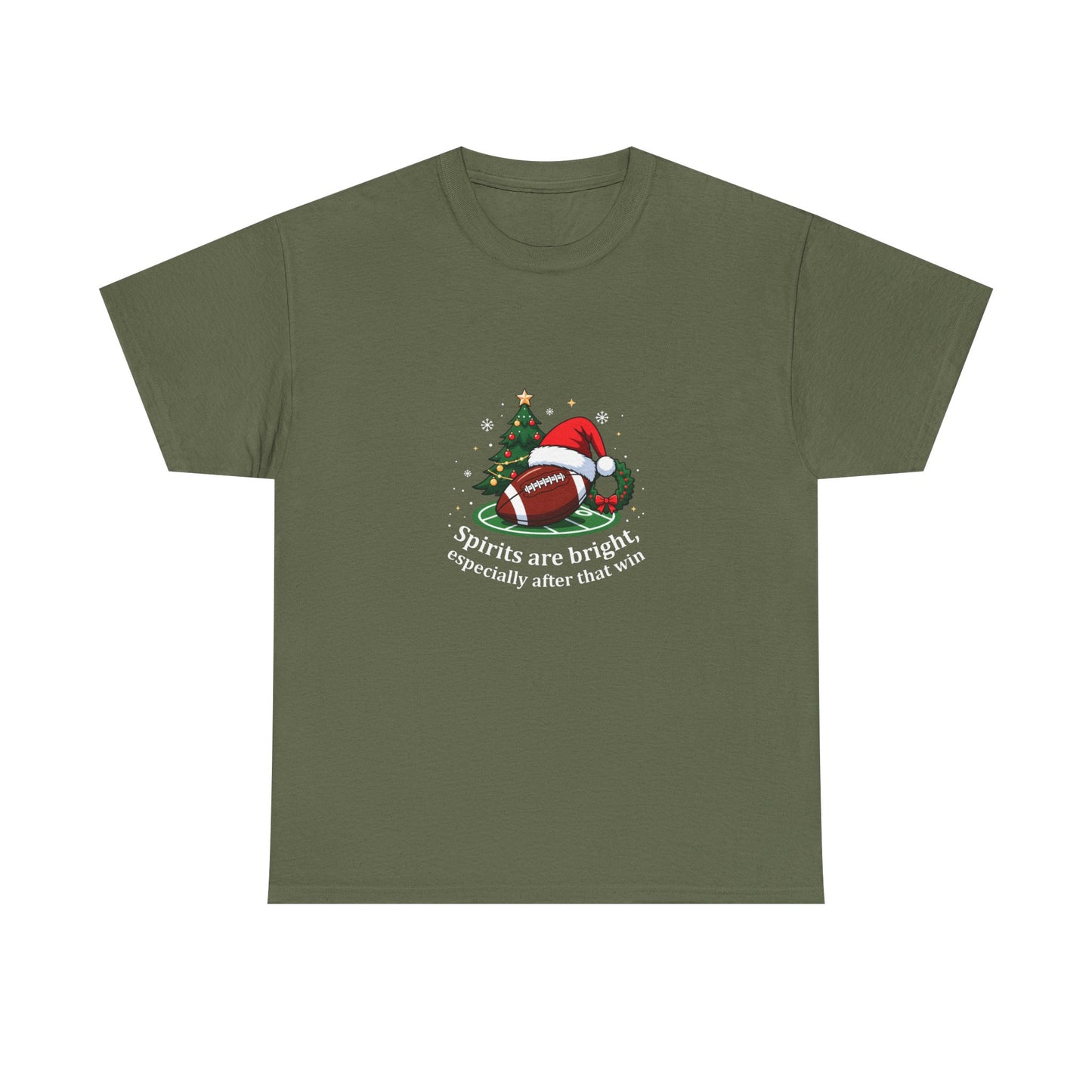 Christmas Football T-Shirt — "Spirits are bright, especially after that win" Holiday Tee