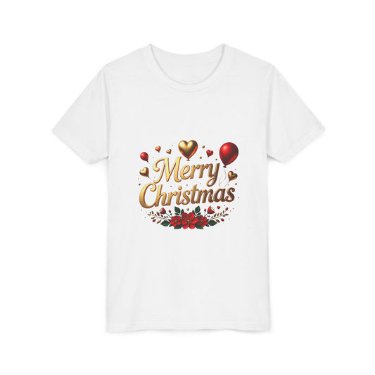 Youth Tee — Merry Christmas Gold Script with Hearts & Poinsettia Holiday Design