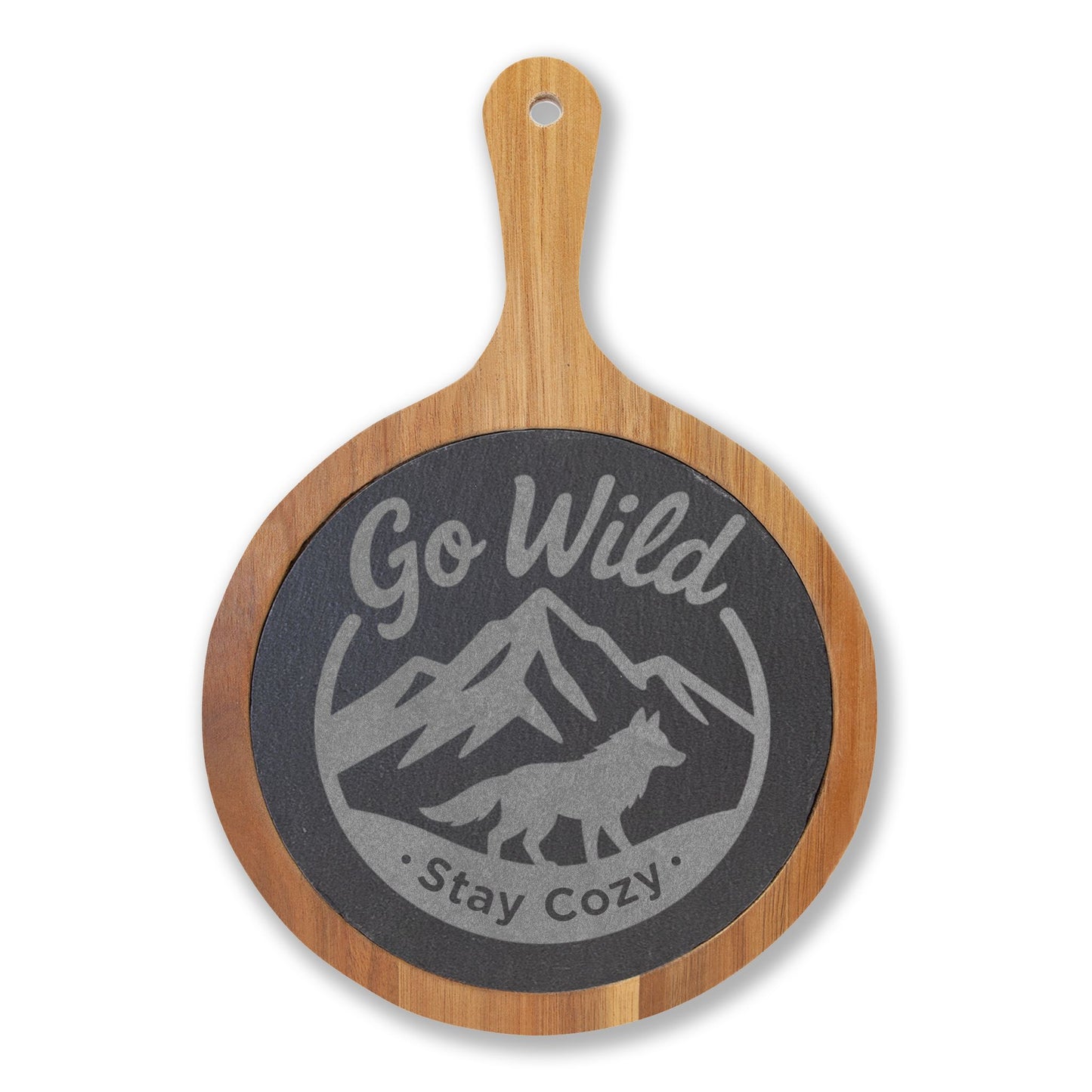 Go Wild Engraved Bamboo Charcuterie Board with Slate Inlay — 'Stay Cozy' Cheese Serving Set