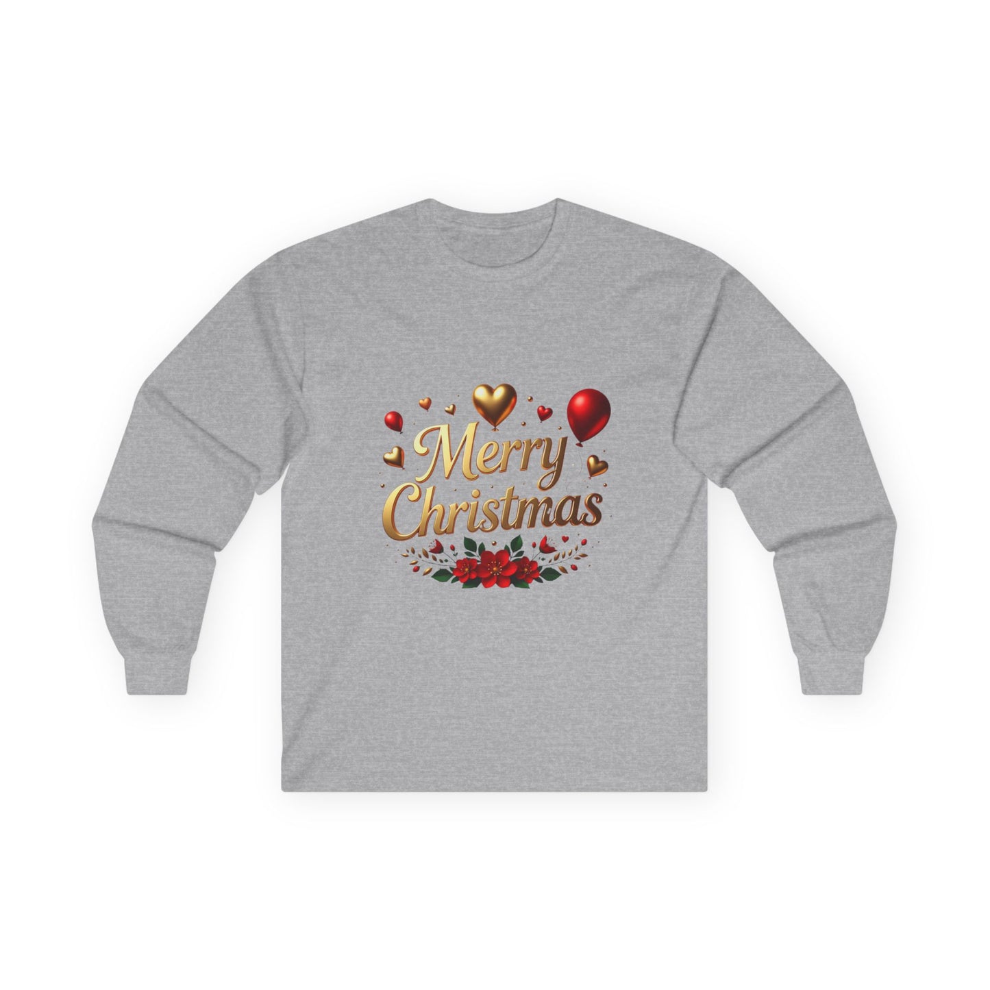 Merry Christmas Long Sleeve Tee — Festive Gold Script & Poinsettia Design