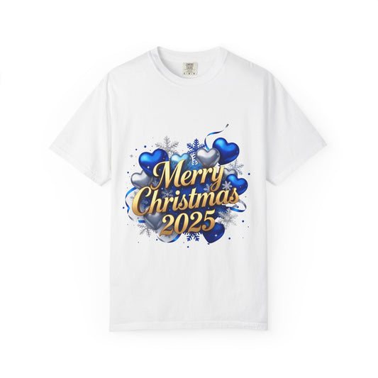 Merry Christmas 2025 T-Shirt — Festive Blue Heart Holiday Tee
