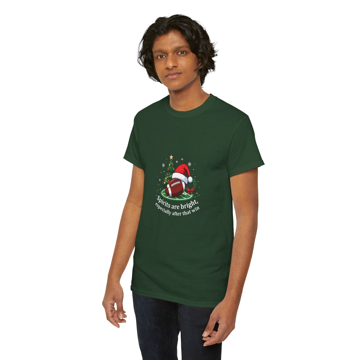Christmas Football T-Shirt — "Spirits are bright, especially after that win" Holiday Tee