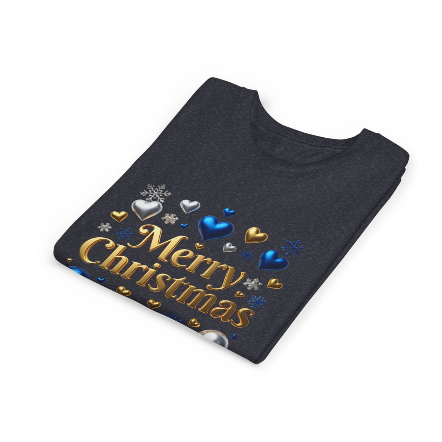 Youth Tee — "Merry Christmas" Gold Script with Blue & Silver Ornaments
