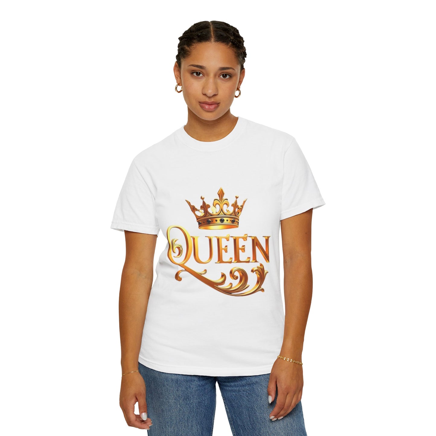 Queen Crown T-Shirt — Regal Gold Typography Tee for Her