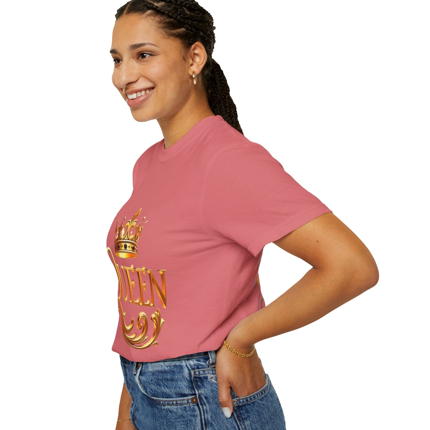 Queen Crown T-Shirt — Regal Gold Typography Tee for Her