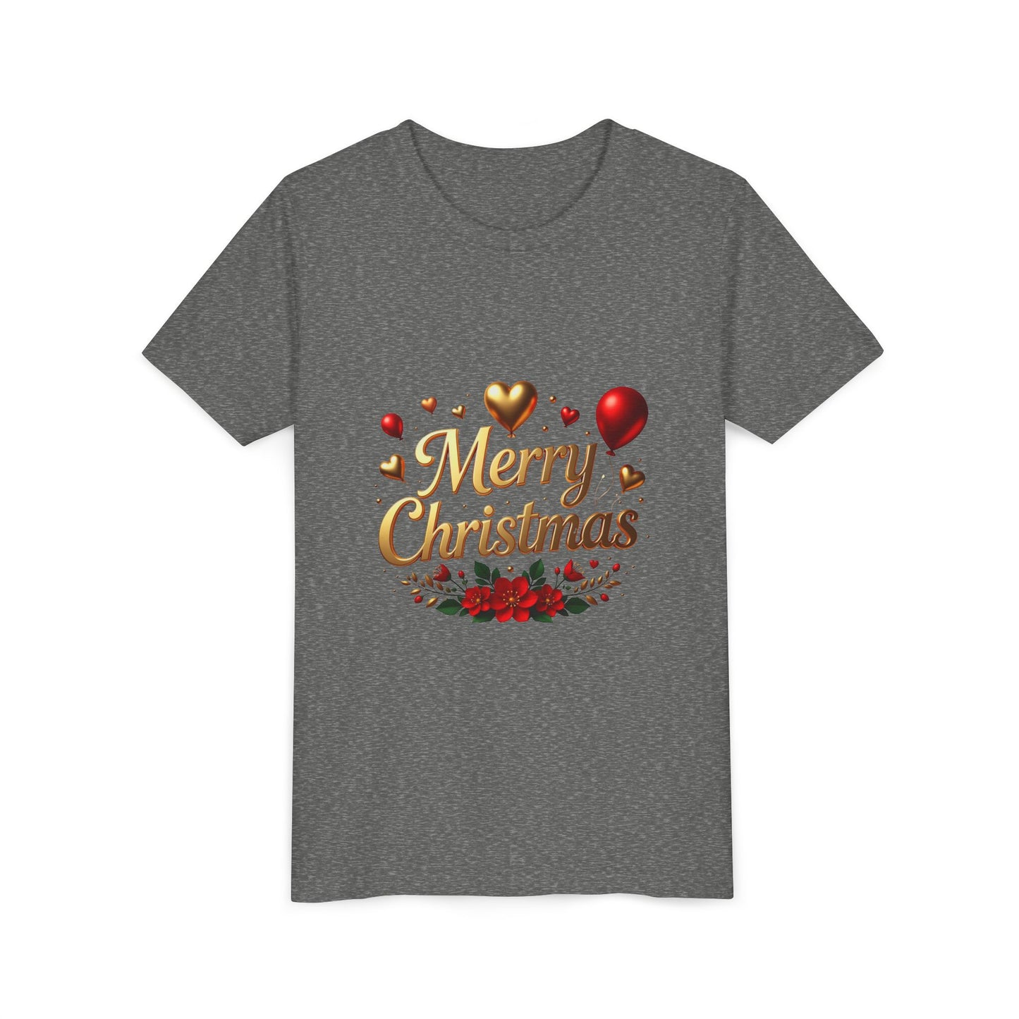 Youth Tee — Merry Christmas Gold Script with Hearts & Poinsettia Holiday Design