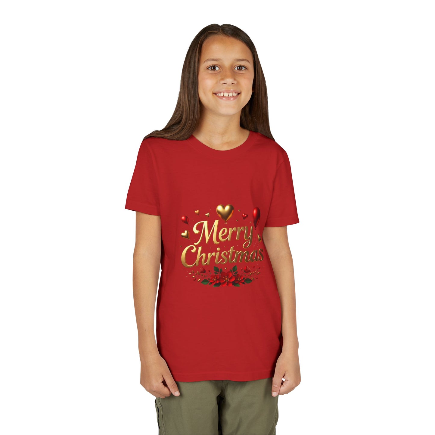Youth Tee — Merry Christmas Gold Script with Hearts & Poinsettia Holiday Design